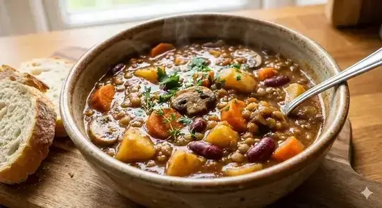 A close-up photograph of a rich, hearty plant-based stew filled with chunky vegetables, lentils, and beans in a rustic bowl, served with slices of crusty bread