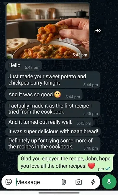 WhatsApp review for sweet potato and chickpea curry