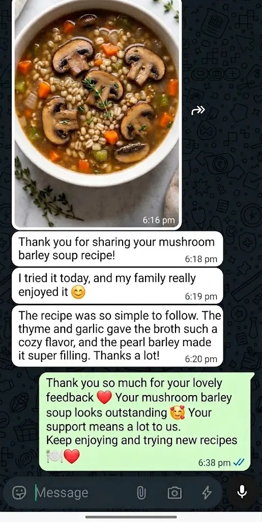WhatsApp review for mushroom barley soup