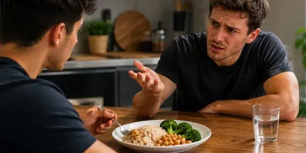 A skeptical roommate questioning a simple plant-based meal during a conversation in a kitchen